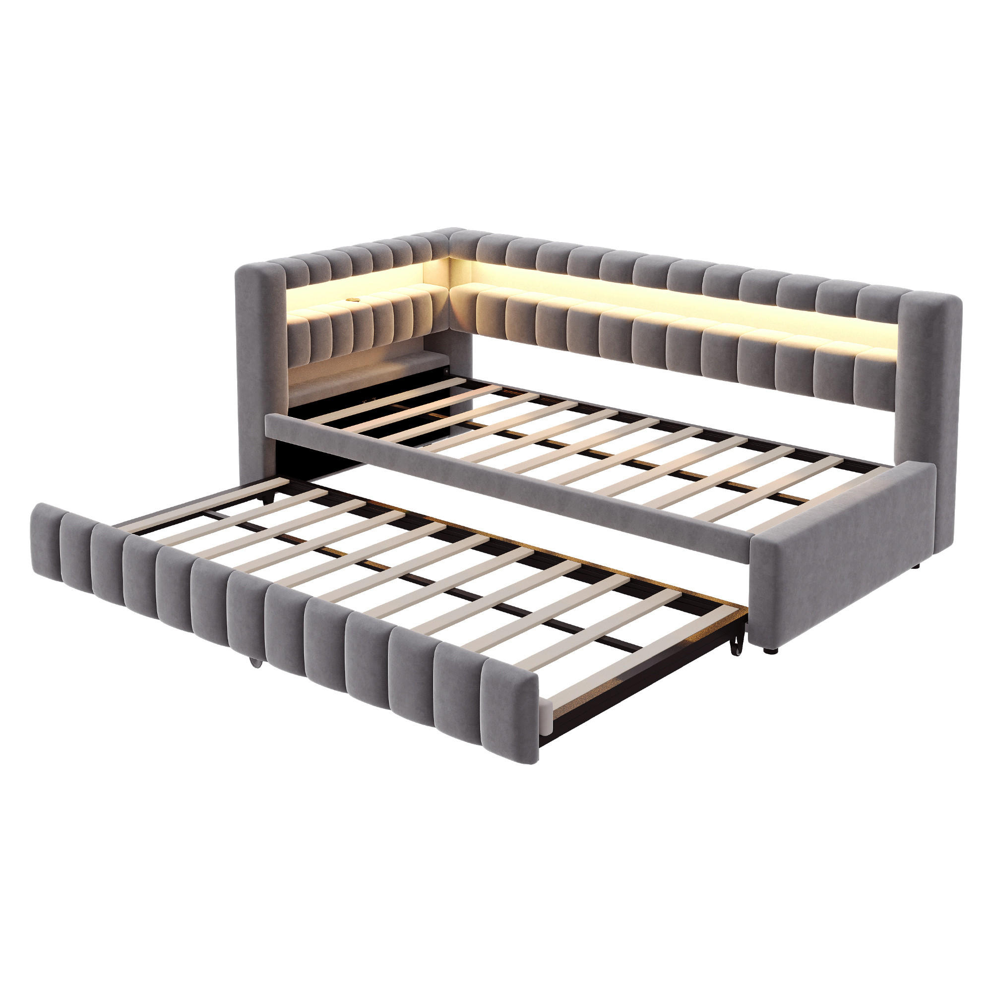 AUSZIEHBETT 90/180/200 cm DE-01672, in Grau, mit LED-Beleuchtung und USB-Ladeanschluss - Grau, Metall (90/200cm) - ComfortXL