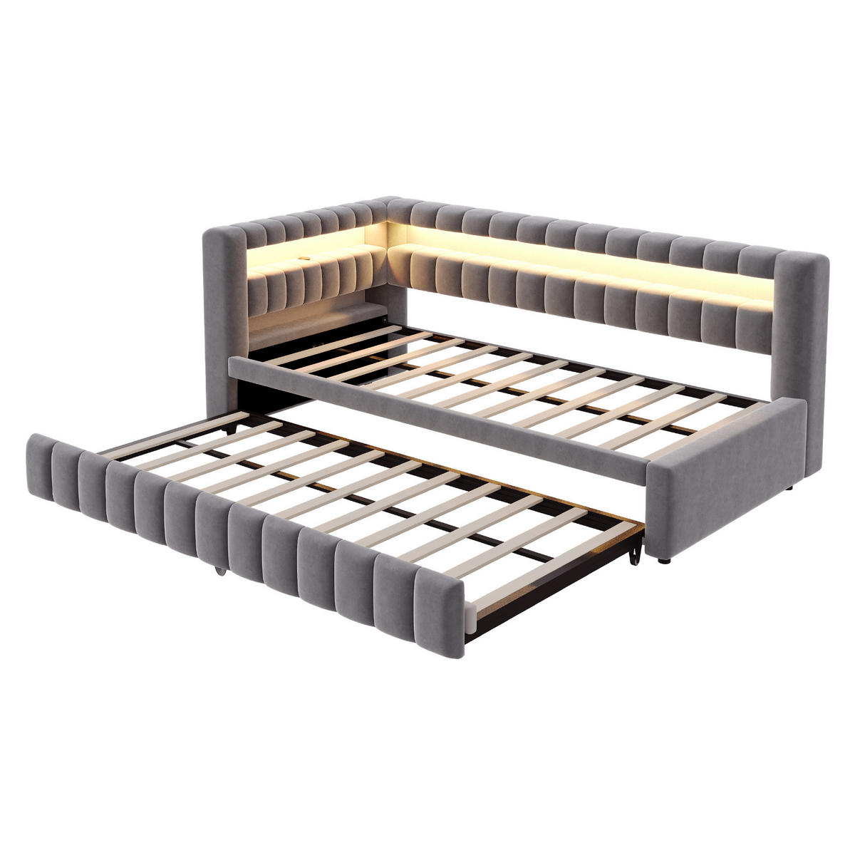 SCHLAFSOFA 90/200 cm & 90/190 cm in Dunkelgrau Samt mit Ausziehbett, LED und USB - Grau, Holzwerkstoff/Textil (90/200cm) - WISHDOR