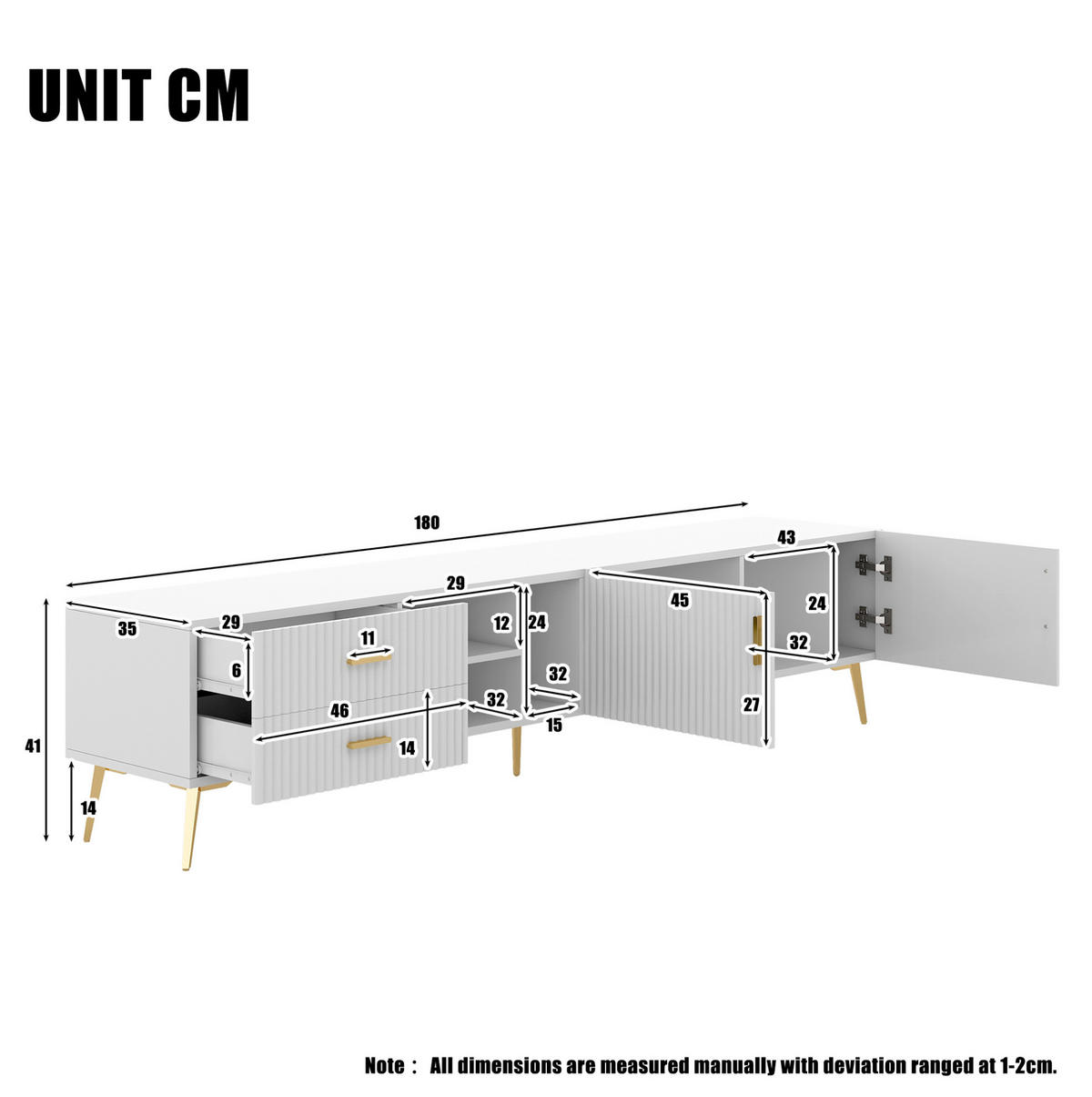 LOWBOARD 180/35/41 cm Weiß aus MDF mit 2 Schubladen - Weiß, Holzwerkstoff (35/44/180cm) - OKMYHOME