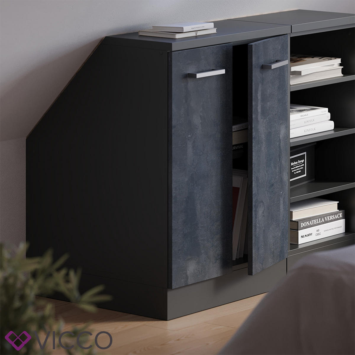 KUHINJSKI ORMAR ZA KOSINE KROVA R-Line Crni Beton 60 cm s 2 vrata, korpus ormara dubine 60 cm - crna/antracit, drvni materijal (60/83.8/60cm) - Vicco