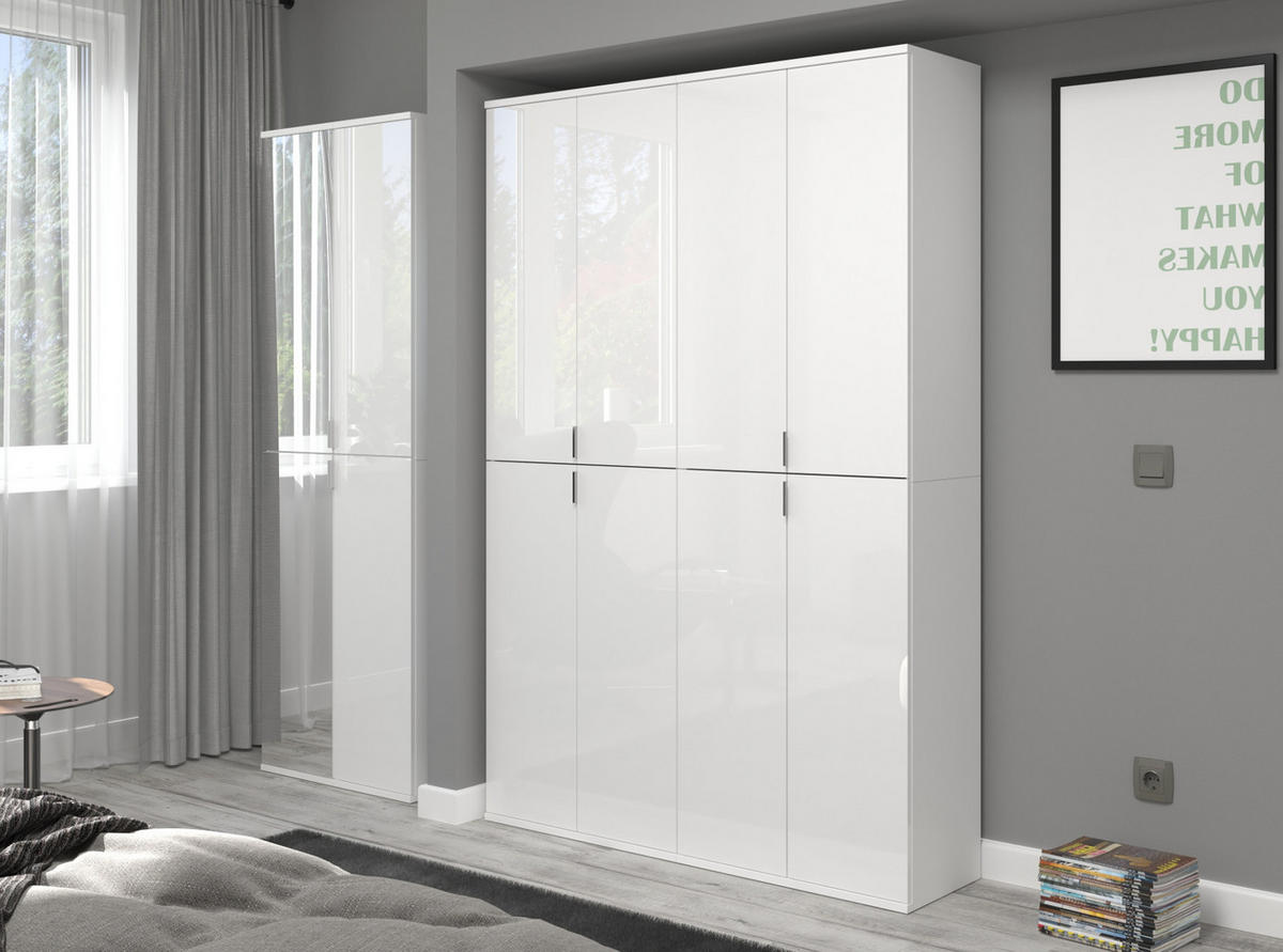 GARDEROBENSCHRANK weiß Hochglanz 60 cm, 4-türig mit Spiegel - Weiß Hochglanz/Silberfarben, Glas/Holzwerkstoff (60/193/34cm) - Inn.Furn