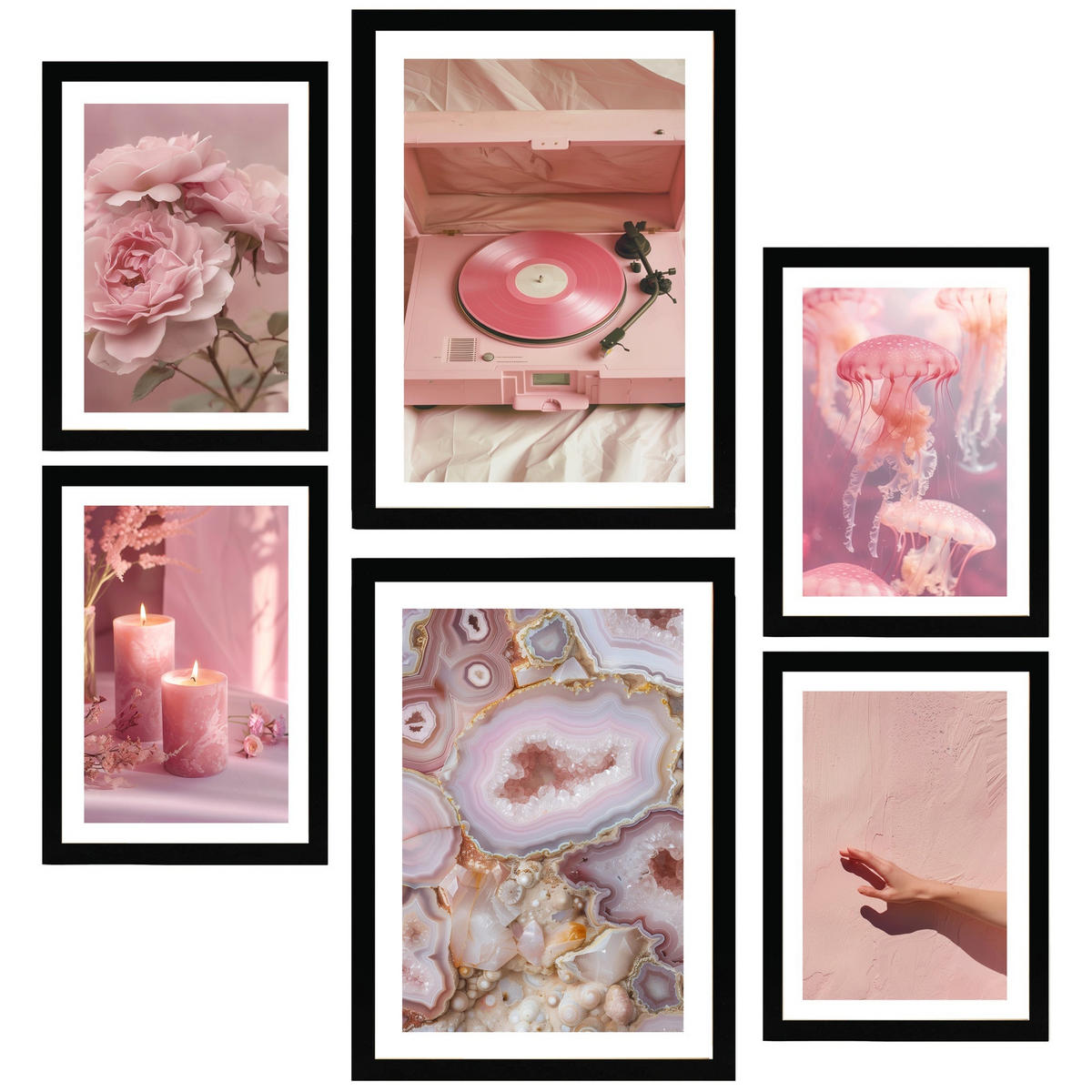 POSTER Set Mit 6 Dekorative Kunst, Rosa A3 & A4 Schwarzer Rahmen - Schwarz, Papier (29/3cm) - Nacnic