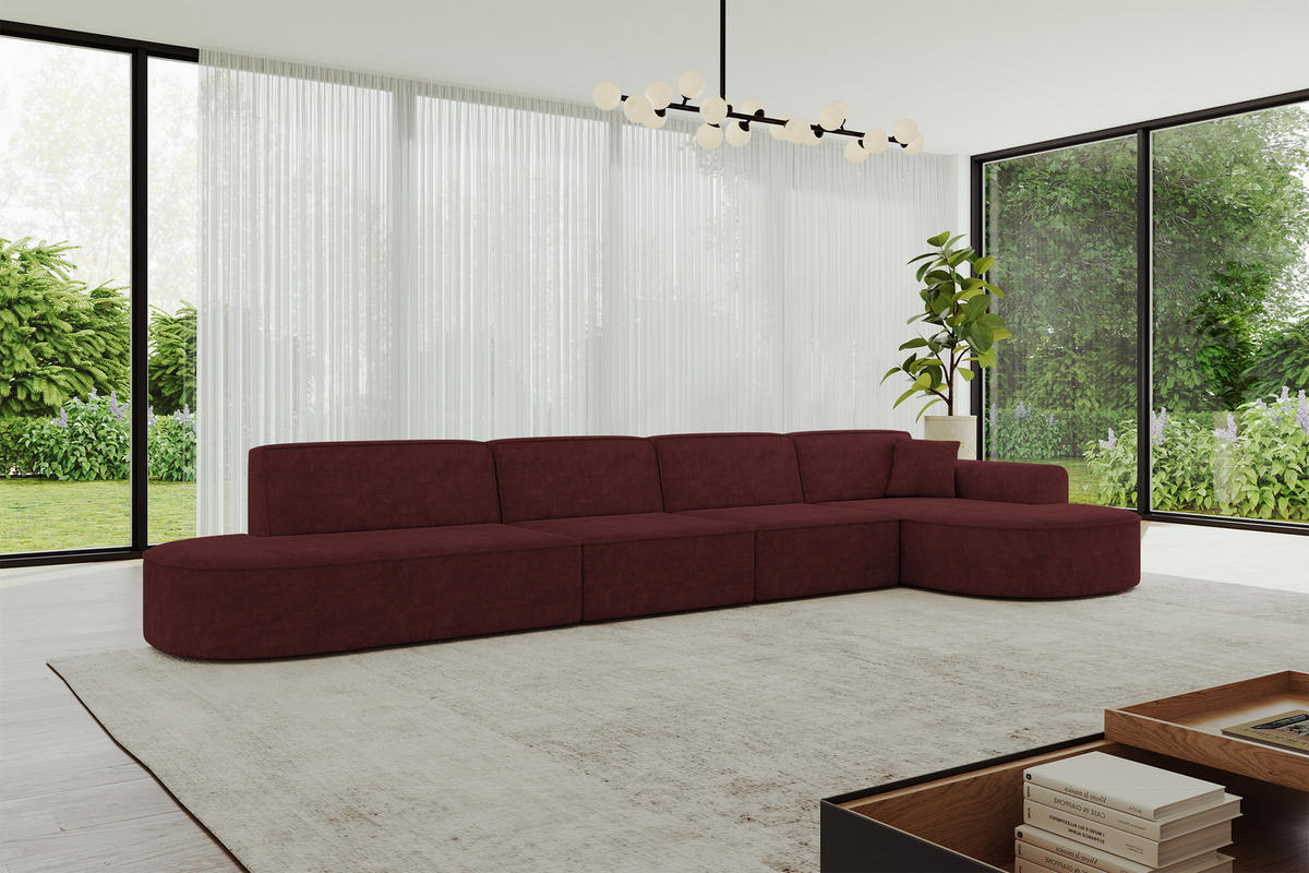 ECKSOFA Ottomane Rechts MARI-L3 - 413x171x79 cm Bordeaux Velours - Bordeaux/Schwarz, Holzwerkstoff/Kunststoff (171/413cm) - ALTDECOR