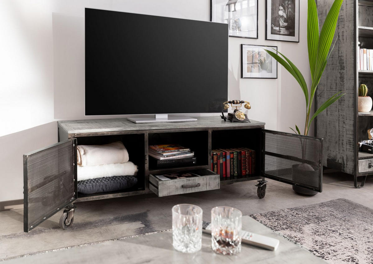 TV-BOARD Mango 150x40x60 grau lackiert HEAVY INDUSTRY #119 - Grau, Holz (150/60/40cm) - Massivmoebel24