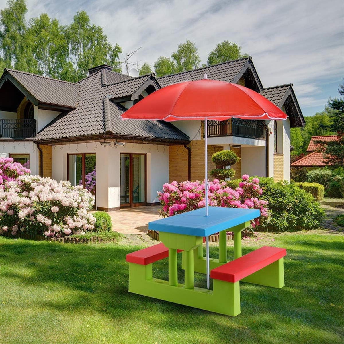 KINDER-GARTENSITZGRUPPE mit Sonnenschirm bunt - Multicolor, Kunststoff - COSTWAY