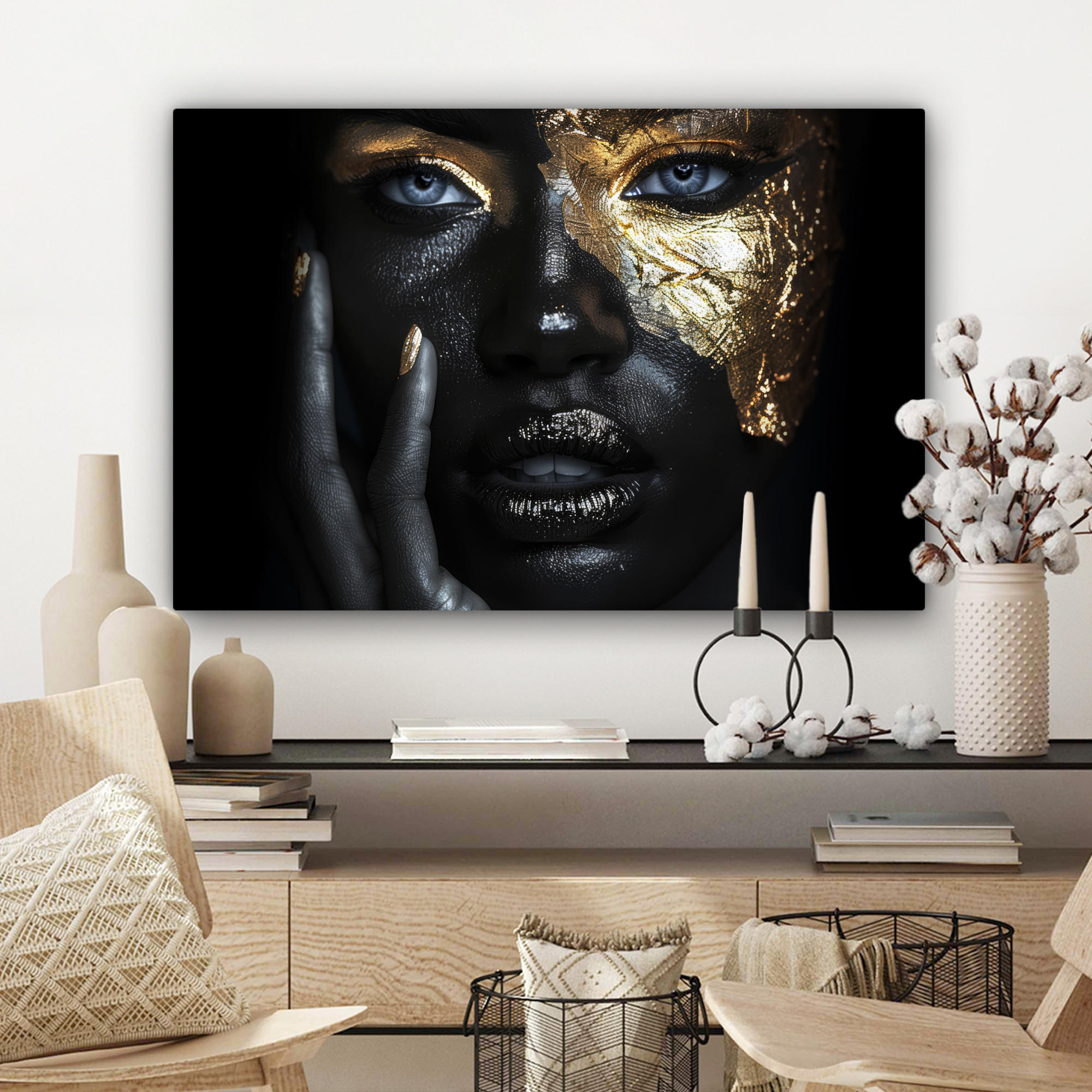 LEINWANDBILD Frau - Gold - Porträt - Schwarz-Weiß - Luxus Gemälde 60x40 cm - Hellblau, Textil (60/40cm) - MuchoWow