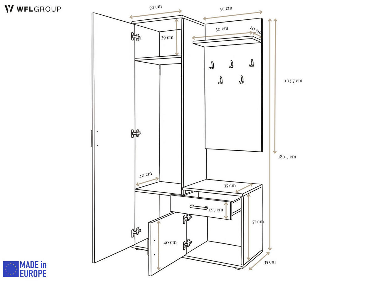 GARDEROBE Talia mit Spiegel, universell montierbar, 100/180/35 cm Eiche Artisan - Braun/Eiche Artisan, Holzwerkstoff (100/180.5/35cm) - WFL GROUP