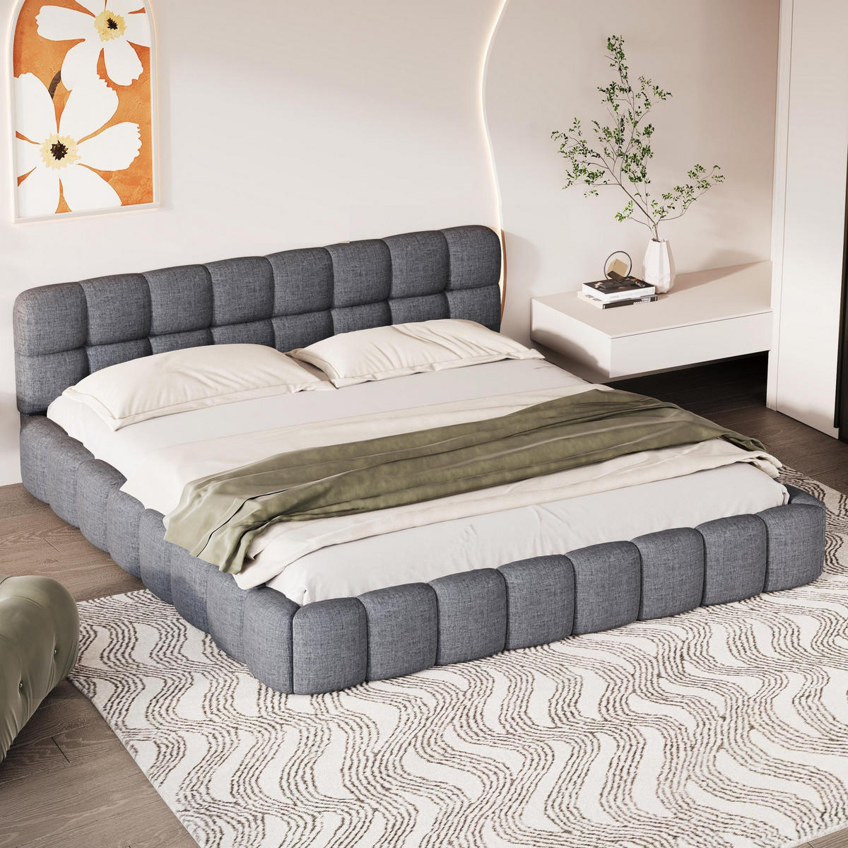 POLSTERBETT 140/190cm, mit Kopfteil in Form von Marshmallows, lattenrost, Doppelbett aus Leinen - Grau - Grau, Textil (140/190cm) - Waldena