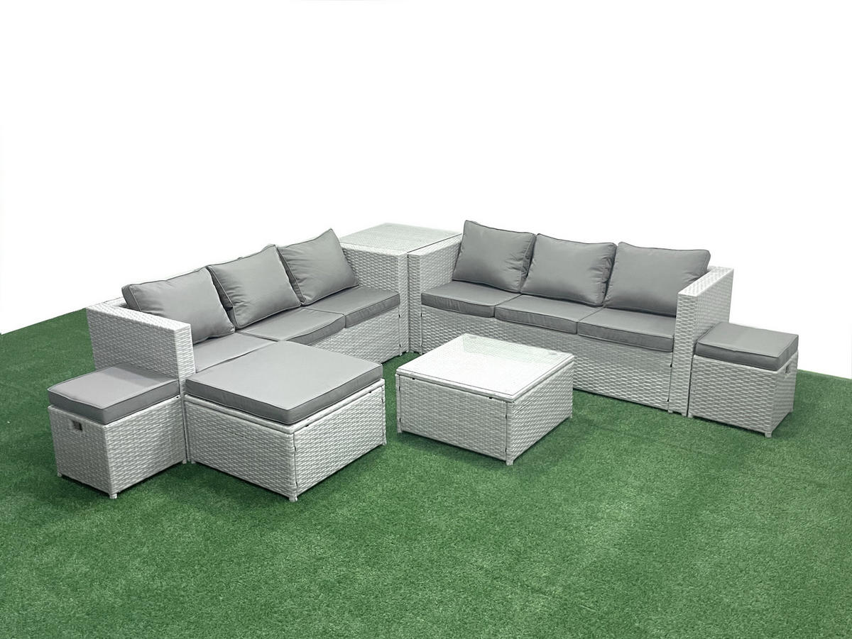 GARTENMÖBEL-SET mit Kissen Polyrattan Hellgrau-Mix 9-Sitzer - Hellgrau/Grau, Glas/Kunststoff - Fimous