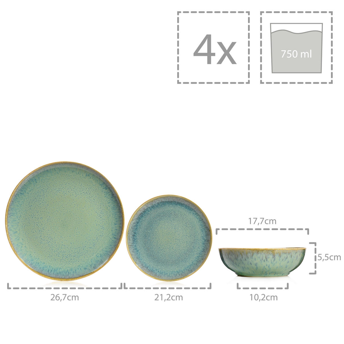 TAFELSERVICE MAYA - 12 teilig aus Steingut - Grün, Keramik (35.4/33/36.29cm) - Sänger