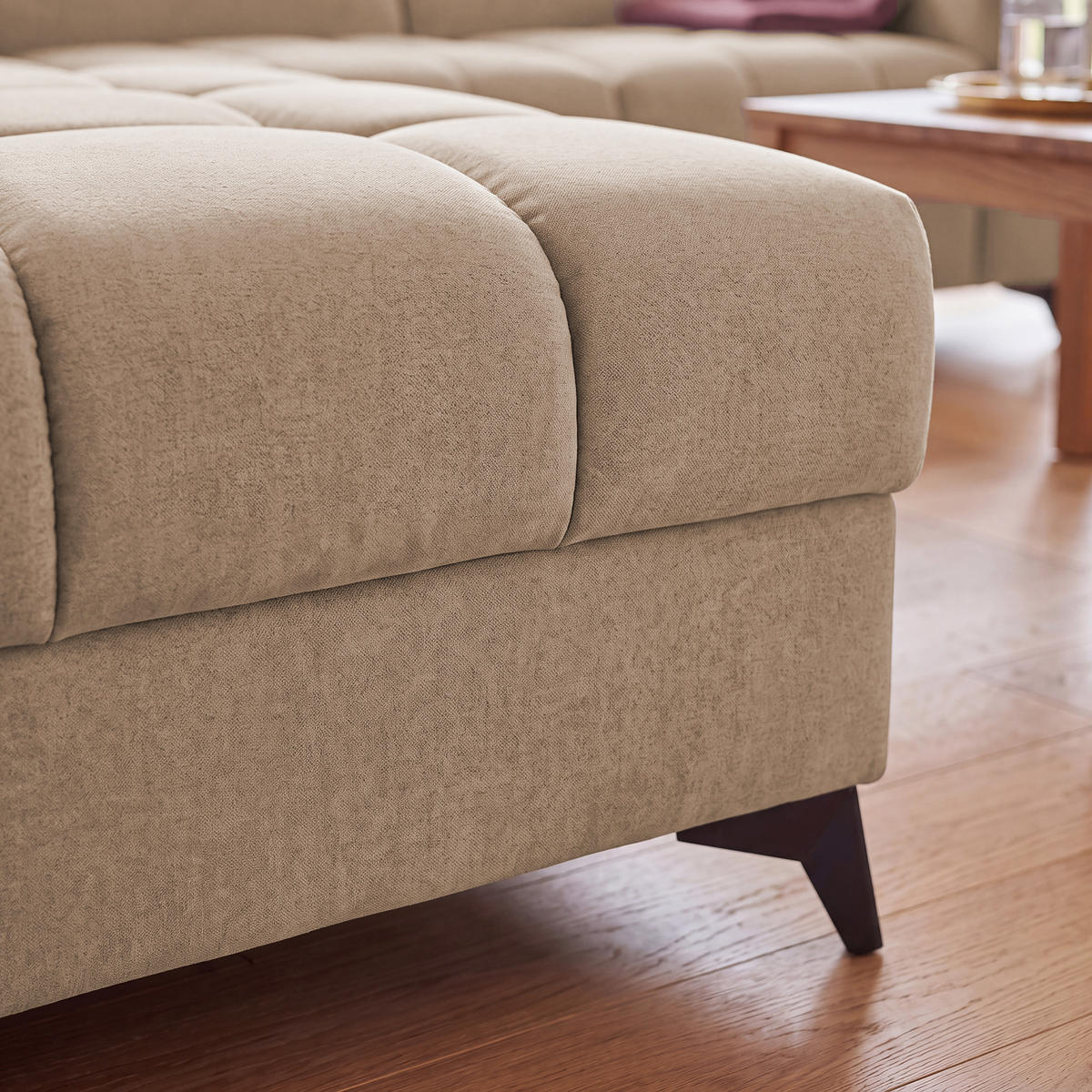 ECKSOFA PUDDING L Links mit Schlaffunktion 125x195 Velours Beige - Beige/Schwarz, Holz/Textil (203/275cm) - Muffo