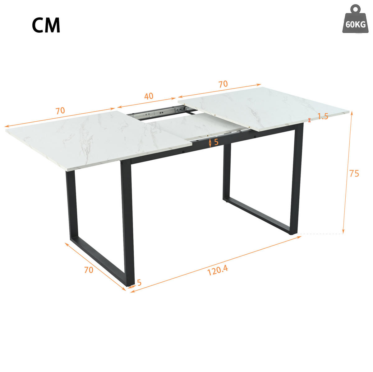ESSTISCH aus MDF 140/180x80x75 cm Weiß mit Metallgestell, ausziehbar und mit Marmoroptik - Weiß, Holzwerkstoff (180/80/75cm) - Modfu