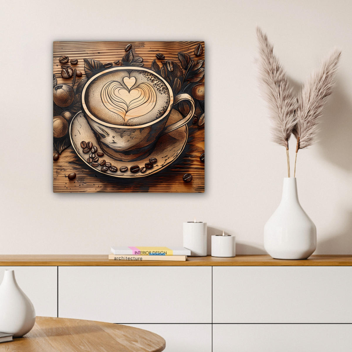 LEINWANDBILD Kaffee - Vintage - Braun - Tasse - Holz 50x50 cm - Braun, Textil (50/50cm) - MuchoWow
