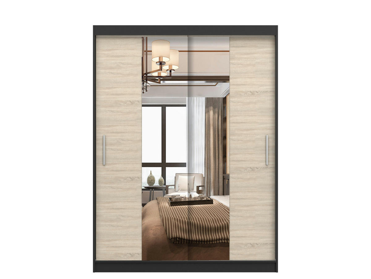 SCHIEBETÜRENSCHRANK - LARA 01 (Schwarz + Sonoma) - Schwarz/Sonoma Eiche, Holzwerkstoff/Metall (150/200/61cm) - Möblo