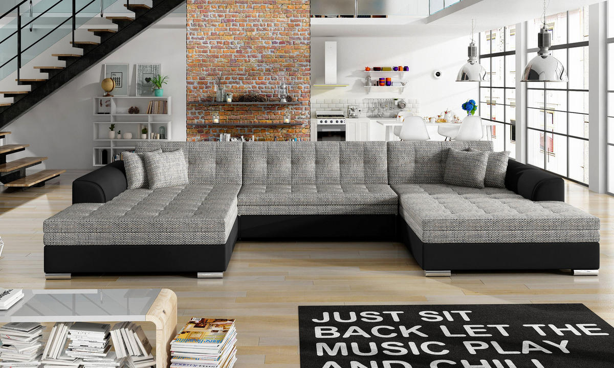 WOHNLANDSCHAFT VENTO U-Form – Großzügiges Ecksofa mit Schlaffunktion & Kissen 359 cm - Grau, Kunststoff (359/78/165cm) - Wohnideebilder