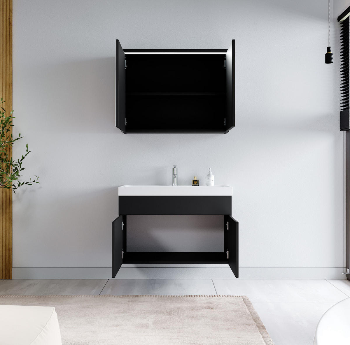 BADMÖBEL-SET Paso 3 Teile Schwarz Matt - 80 x 35 x 55 cm - Schwarz, Holz (80/55/40cm) - Badplaats