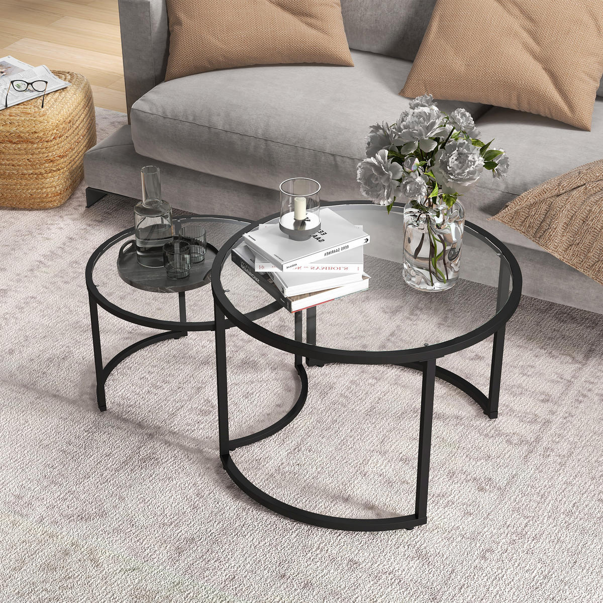 COUCHTISCH 2er-Set, Beistelltisch mit Stahlgestell, Kaffeetisch, Schwarz - Schwarz, Glas/Metall (70/70/47.5cm) - HOMCOM