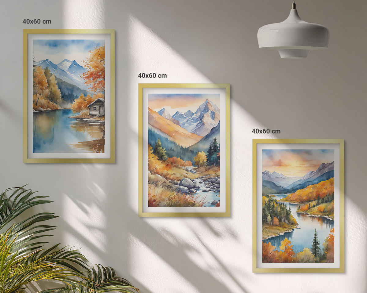 WANDBILDER 3er Set - 40x60 cm Goldrahmen - Berglandschaft, Fluss, Herbst - Goldfarben, Kunststoff (40/60cm) - ArtPrintCave