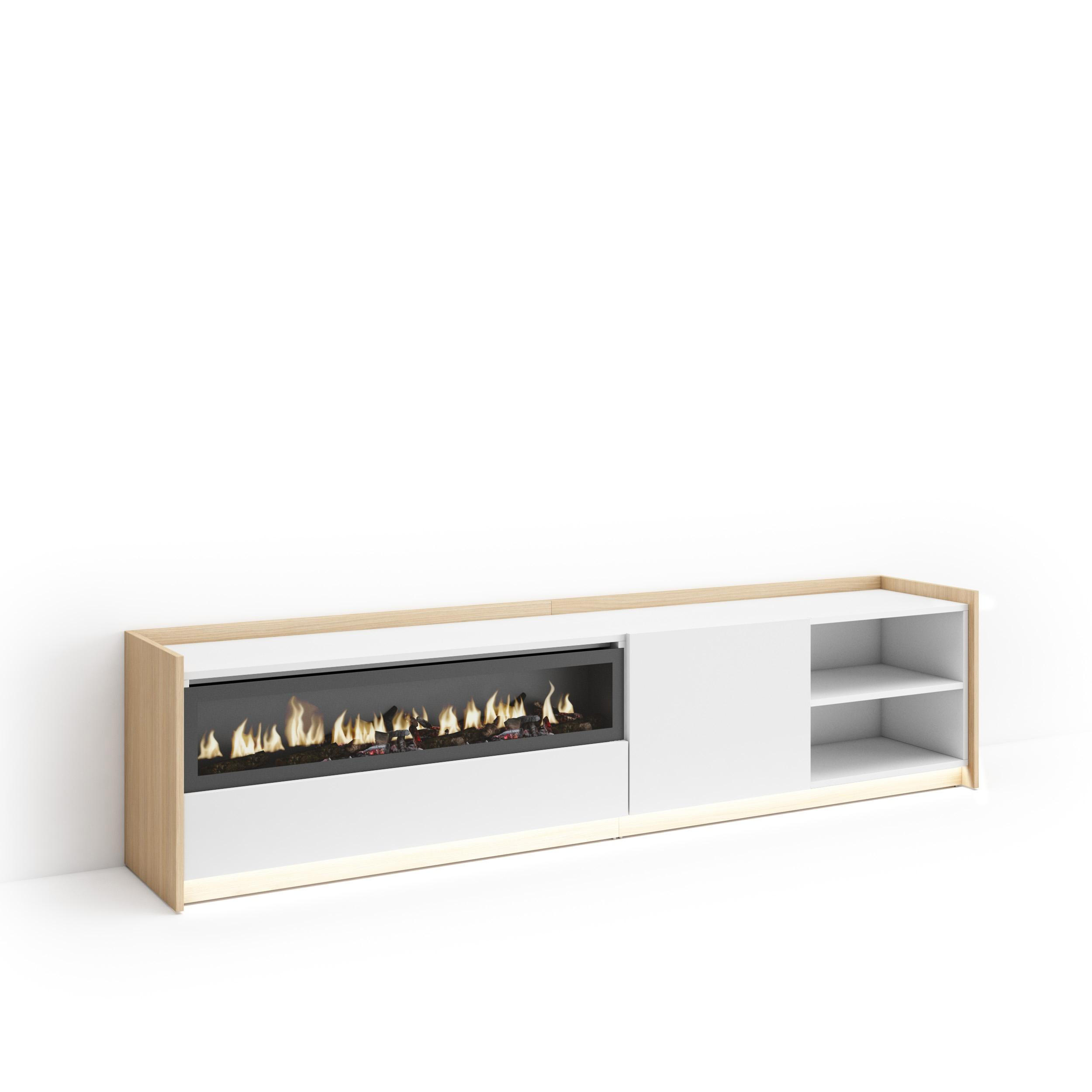 LOWBOARD, Weiß und Eiche, 207/37/50cm, Kamin mit Feuereffekt - Weiß, Holzwerkstoff (207/50/37cm) - Skraut Home