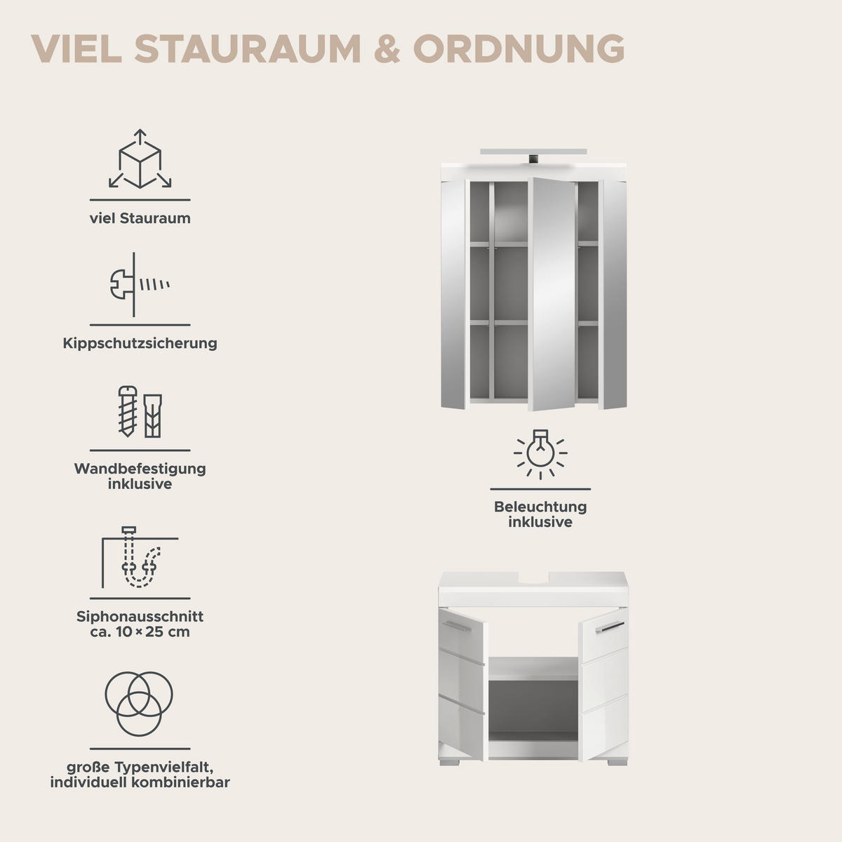 BADKOMBINATION 2tlg. Scout Bad in weiß Nachbildung und weiß hochglanz B/H/T: 60x191x34 cm - Weiß, Holz (60/191/34cm)