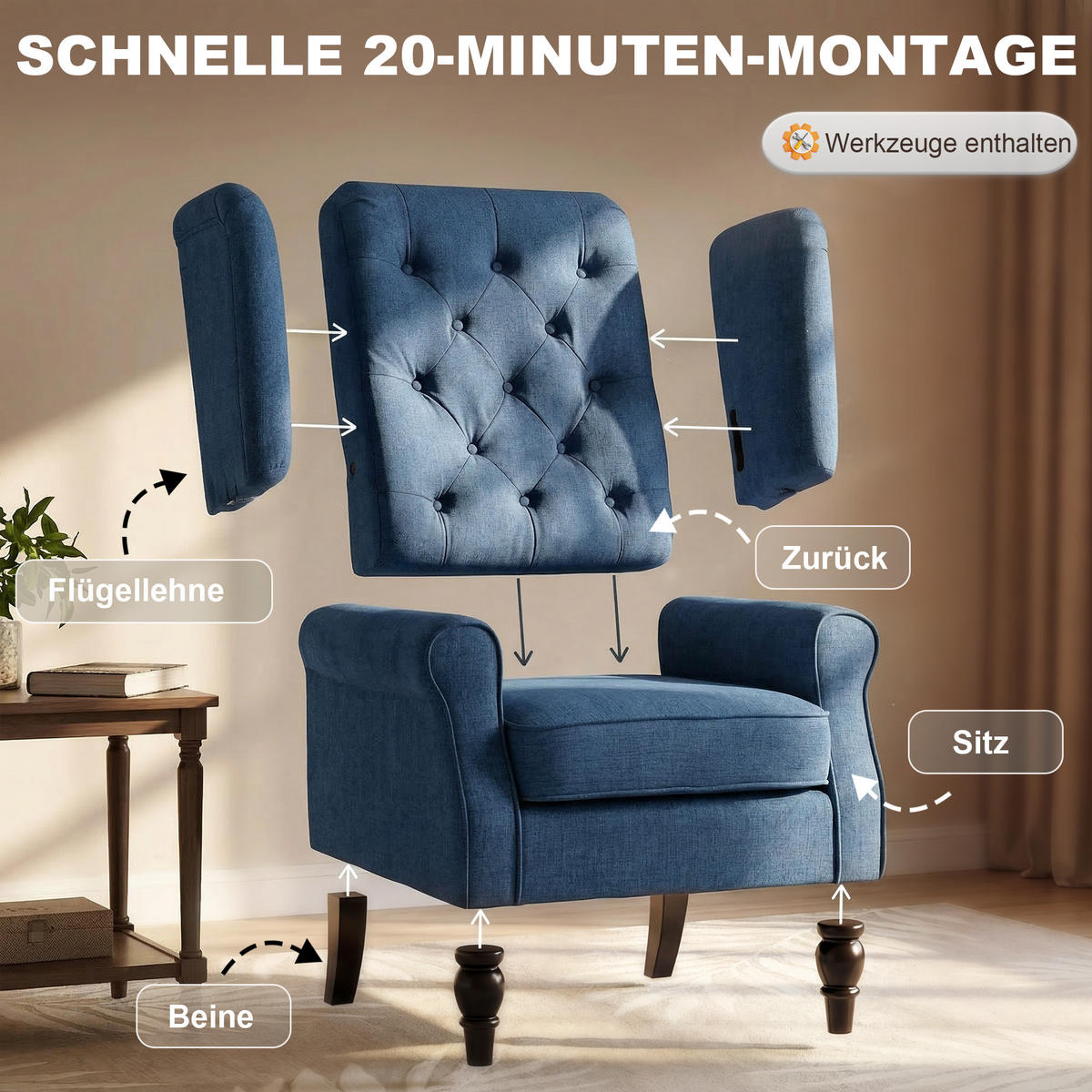 OHRENSESSEL DE-06469 dick gepolstert, abnehmbarer Bezug Blau - Blau, Holz/Textil (86/102/74cm) - ComfortXL