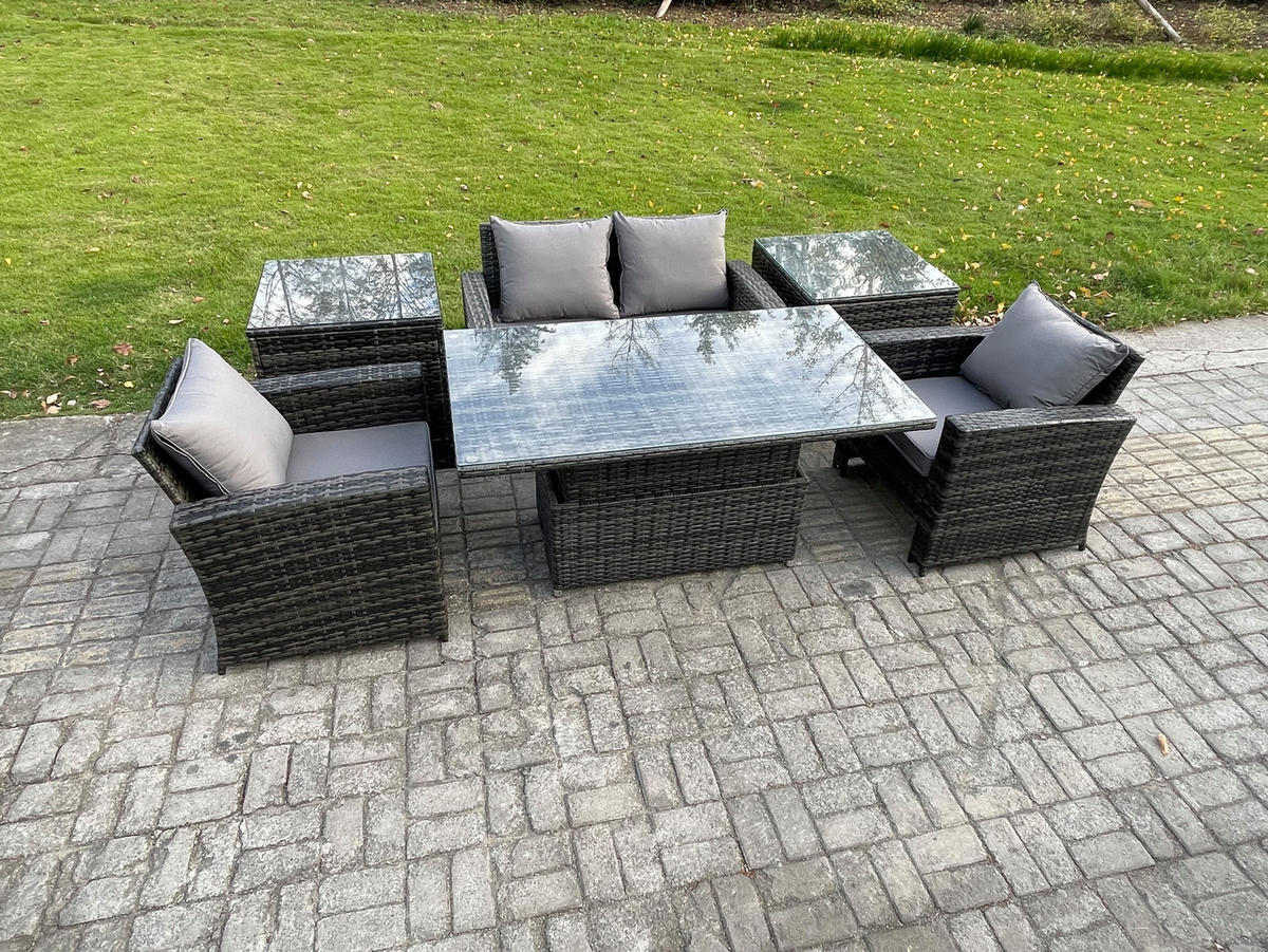 GARTENMÖBEL-SET ESSGRUPPE LOUNGE Esstisch MIT SOFA 2 BEISTELLTISCHE Polyrattan Dunkelgrau Gemischt - Dunkelgrau, Metall - Fimous