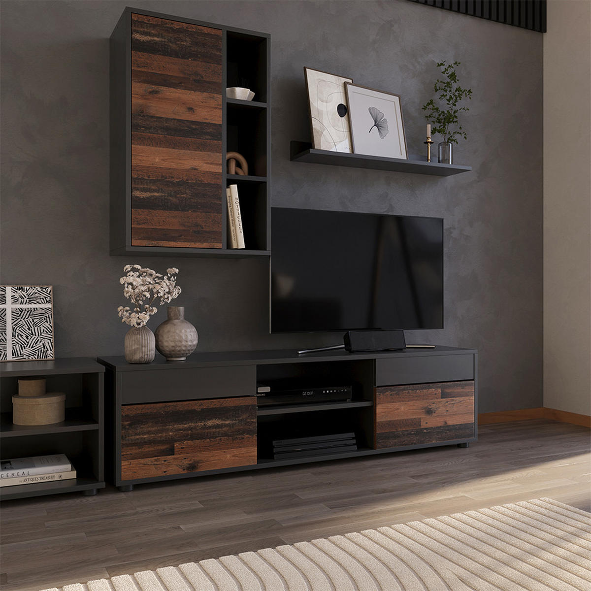 ŽIVÁ STĚNA Berno Černá/starý styl - černá/hnědá, kompozitní dřevo (139.8/38.9/35.4cm) - Vicco