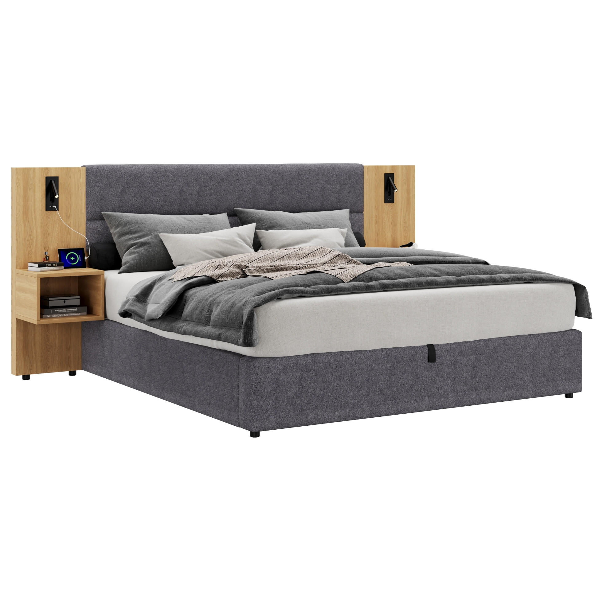 BETT mit Stauraum 180x200 cm Samt Grau/Natur inkl. 2 Nachttischen - Grau, Metall (180/200cm) - Meubliv