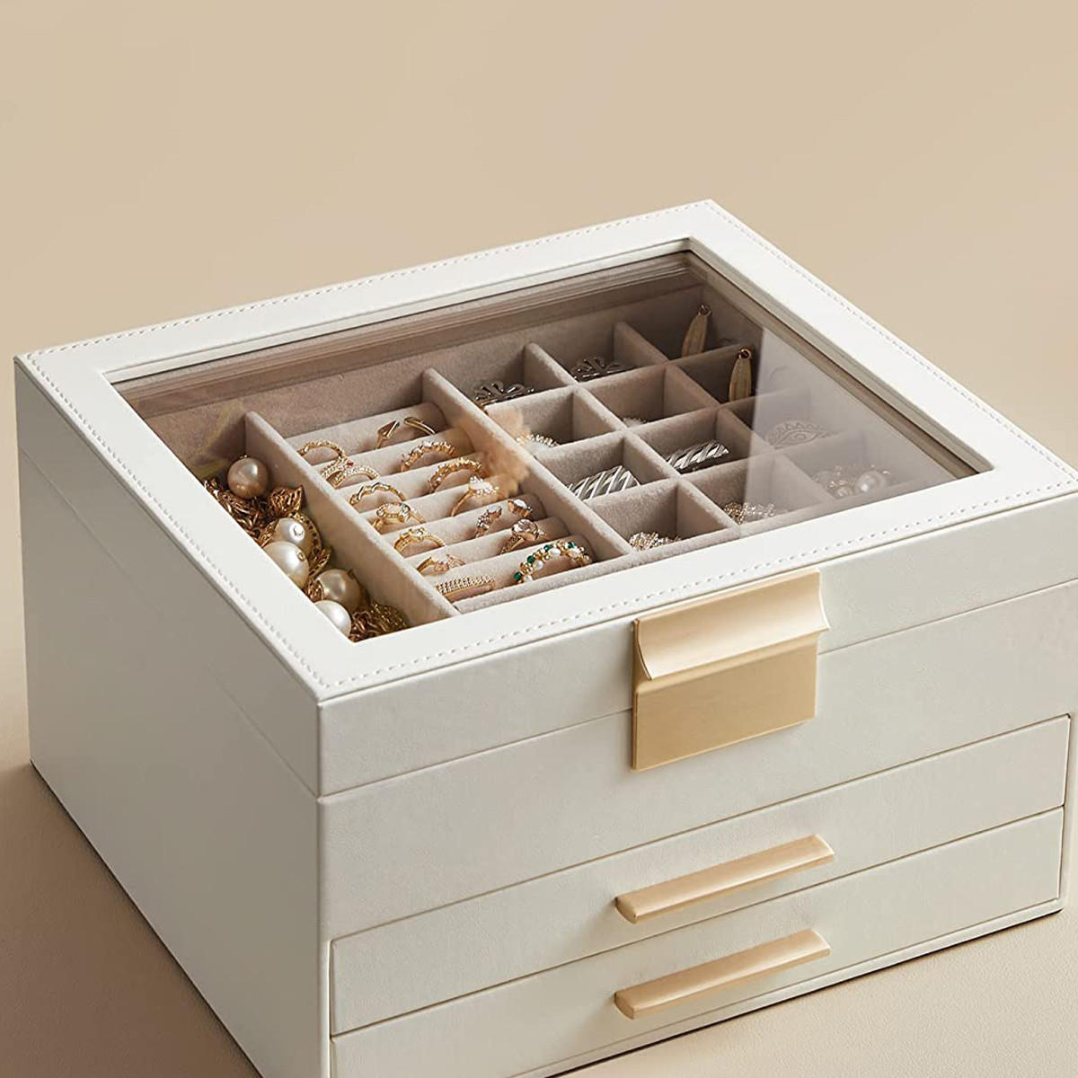 SCHMUCKSCHATULLE auf 3 Ebenen mit Glasdeckel und 2 Schubladen - L23,1 cm - Weiß, Holzwerkstoff (20.3/13.5/23.1cm) - Calicosy