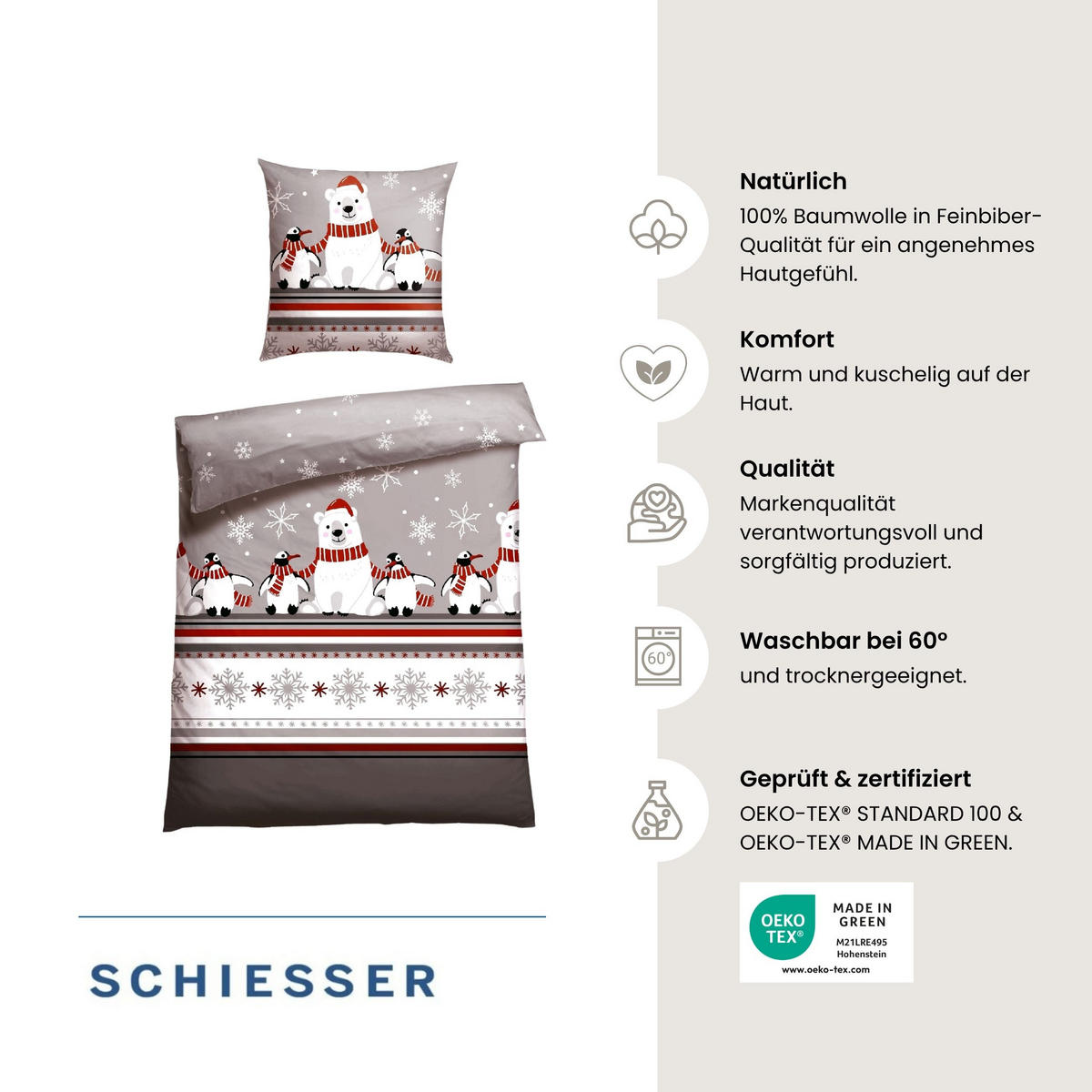 BETTWÄSCHESET Dida - Feinbiber - 2-teilig - 135x200 cm - Grau - Grau, Textil (135/200cm) - SCHIESSER