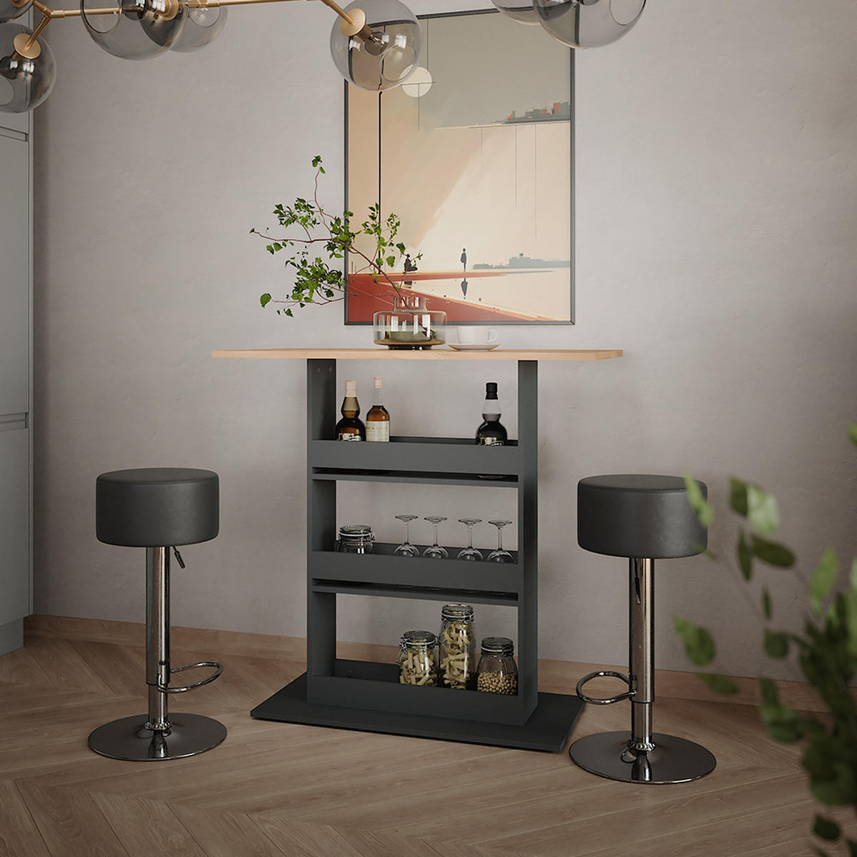 STOJACÍ BAROVÝ STŮL SE ŽIDLEMI Repose GKO/ANT - medově dubová/černá, kompozitní dřevo (55/110/106cm) - Vicco