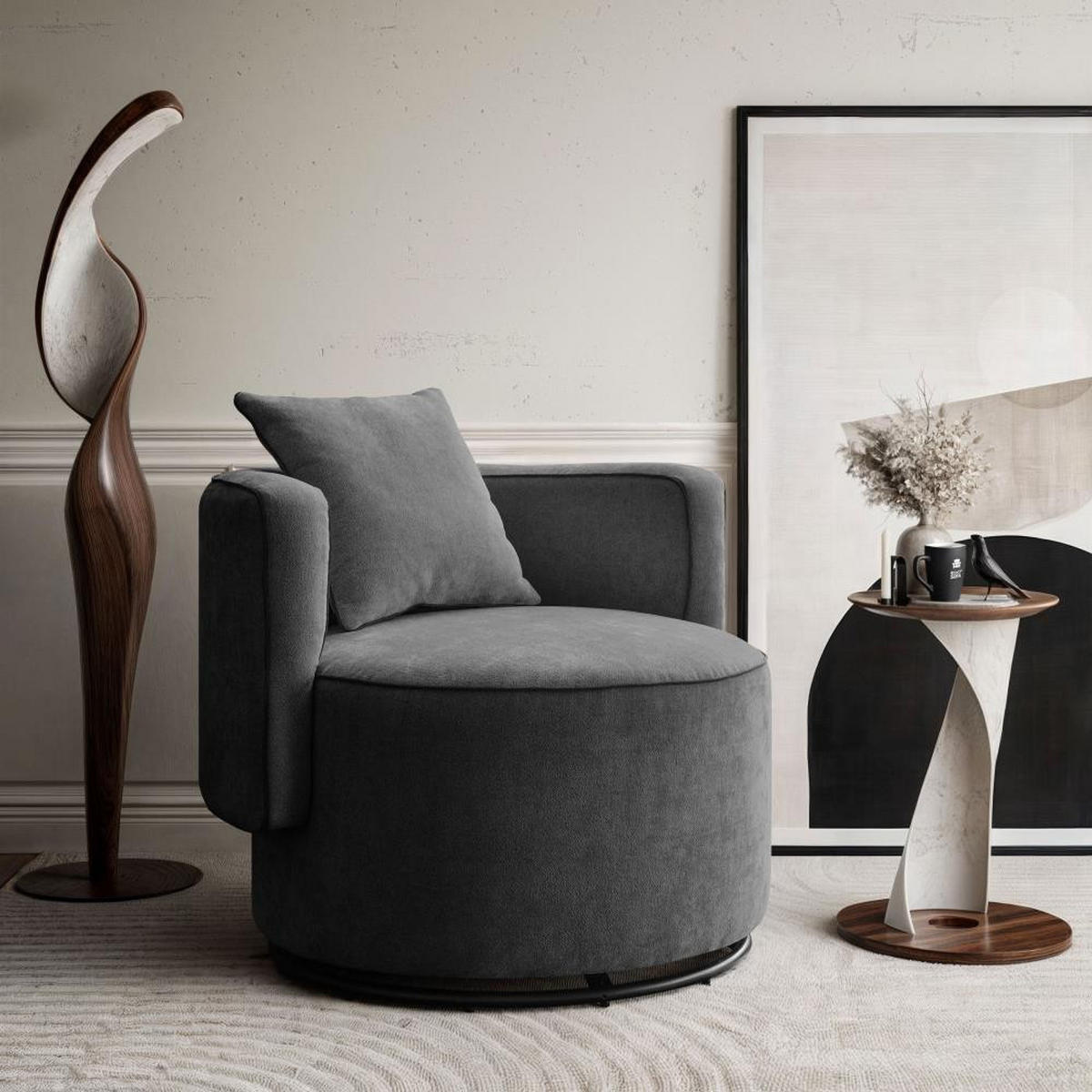 DREHSESSEL Dolce dunkelgrau velour - Dunkelgrau/Schwarz, Textil (90/83/90cm) - Beautysofa