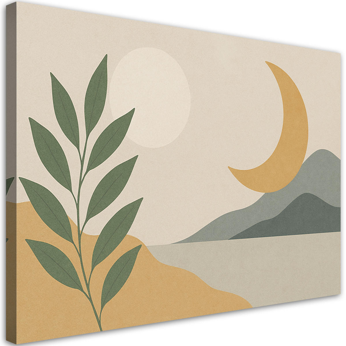 LEINWANDBILD Blätter Mond Landschaft Minimalismus 120x80cm - Beige, Textil (120/80cm) - Feeby