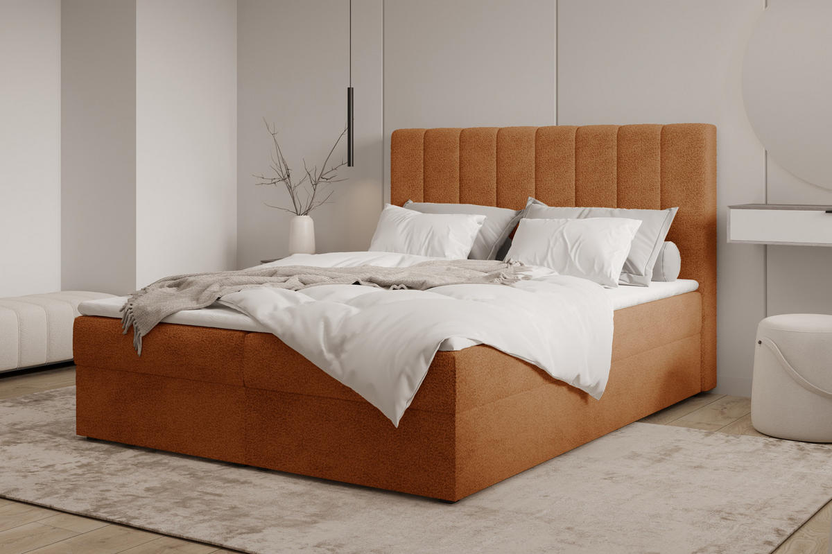 BOXBETT 01 140 x 200 cm - Arena – Stilvoll und bequem Mit Bettkasten, PU-Topper, Federmechanismus, waschbarer Bezug - Orange, Holz (140/200cm) - ROYAL24_MARKT
