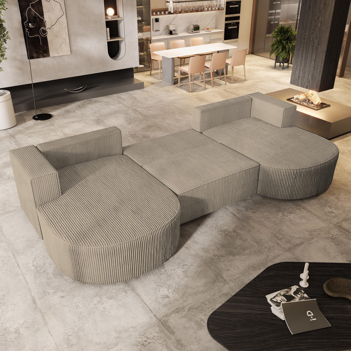 WOHNLANDSCHAFT VEZZO P Beige Kordstoff mit Schlaffunktion - Beige, Holz (347/85/174cm) - MASSENO