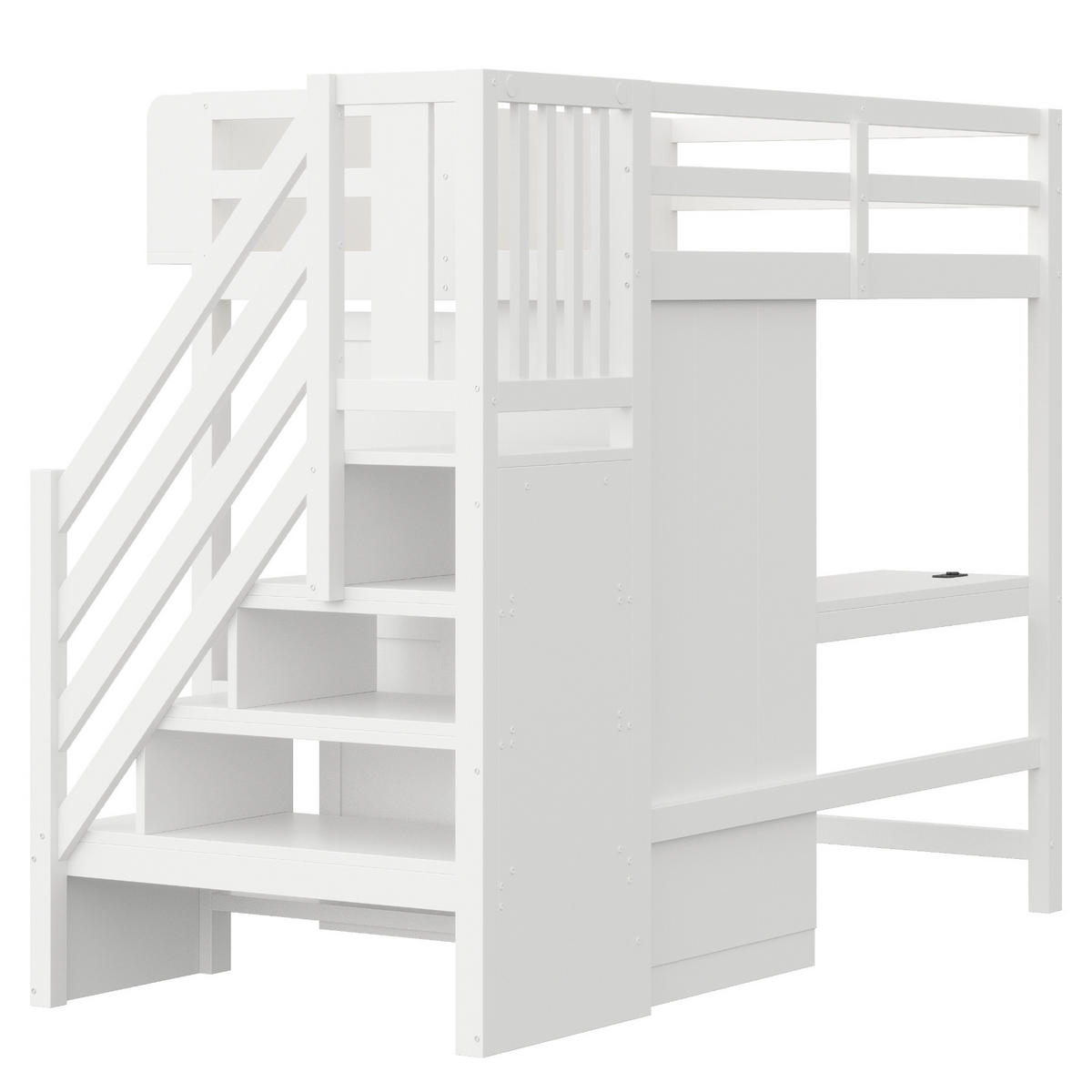HOCHBETT mit Schreibtisch und Kleiderschrank 90x200 cm Weiß - Weiß, Holz (90/200cm) - Meubliv