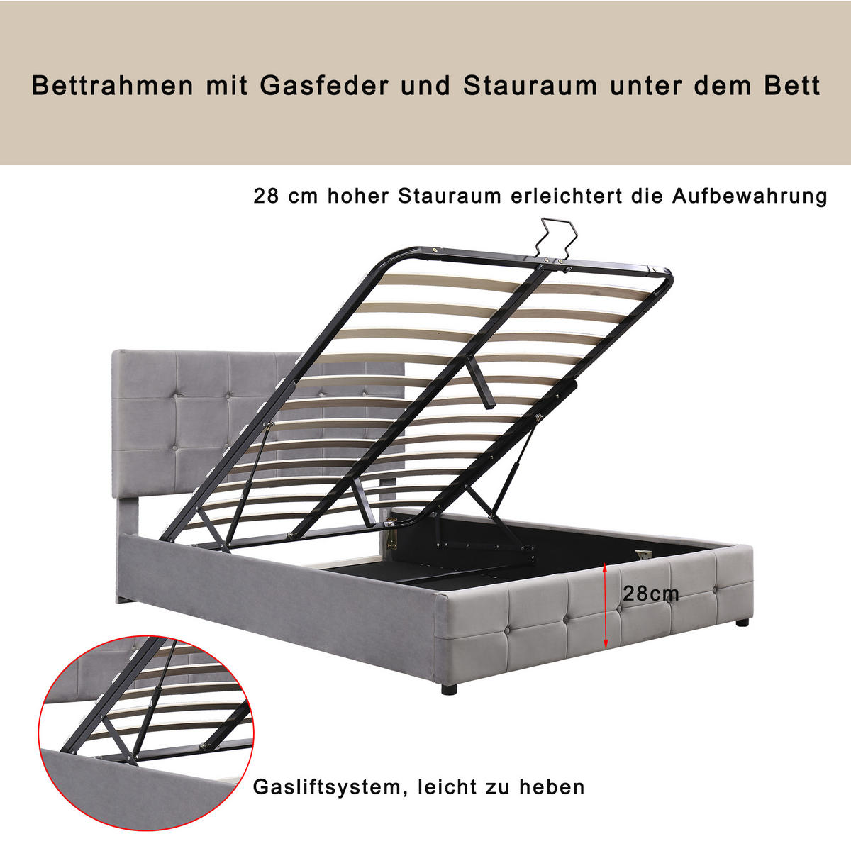 POLSTERBETT 140/200 cm in Grau Samt mit Bettkasten und verstellbarem Kopfteil - Grau, Holzwerkstoff/Textil (140/200cm) - WISHDOR