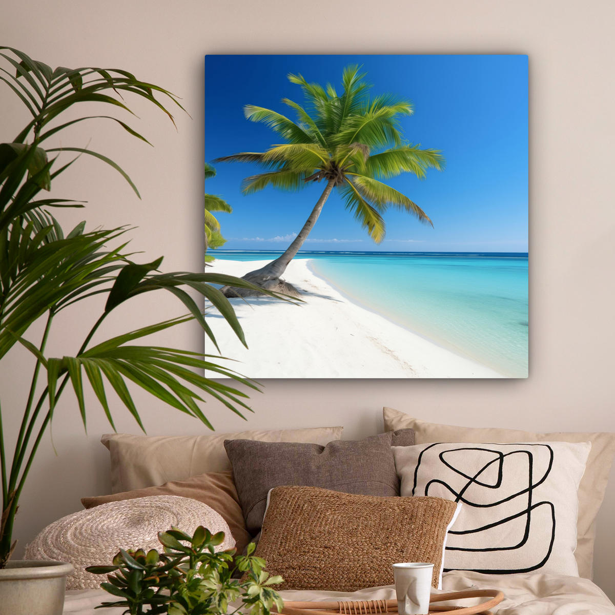 LEINWANDBILD Strand - Palme - Tropisch - Meer Deko Groß 90x90 cm - Grün, Textil (90/90cm) - MuchoWow