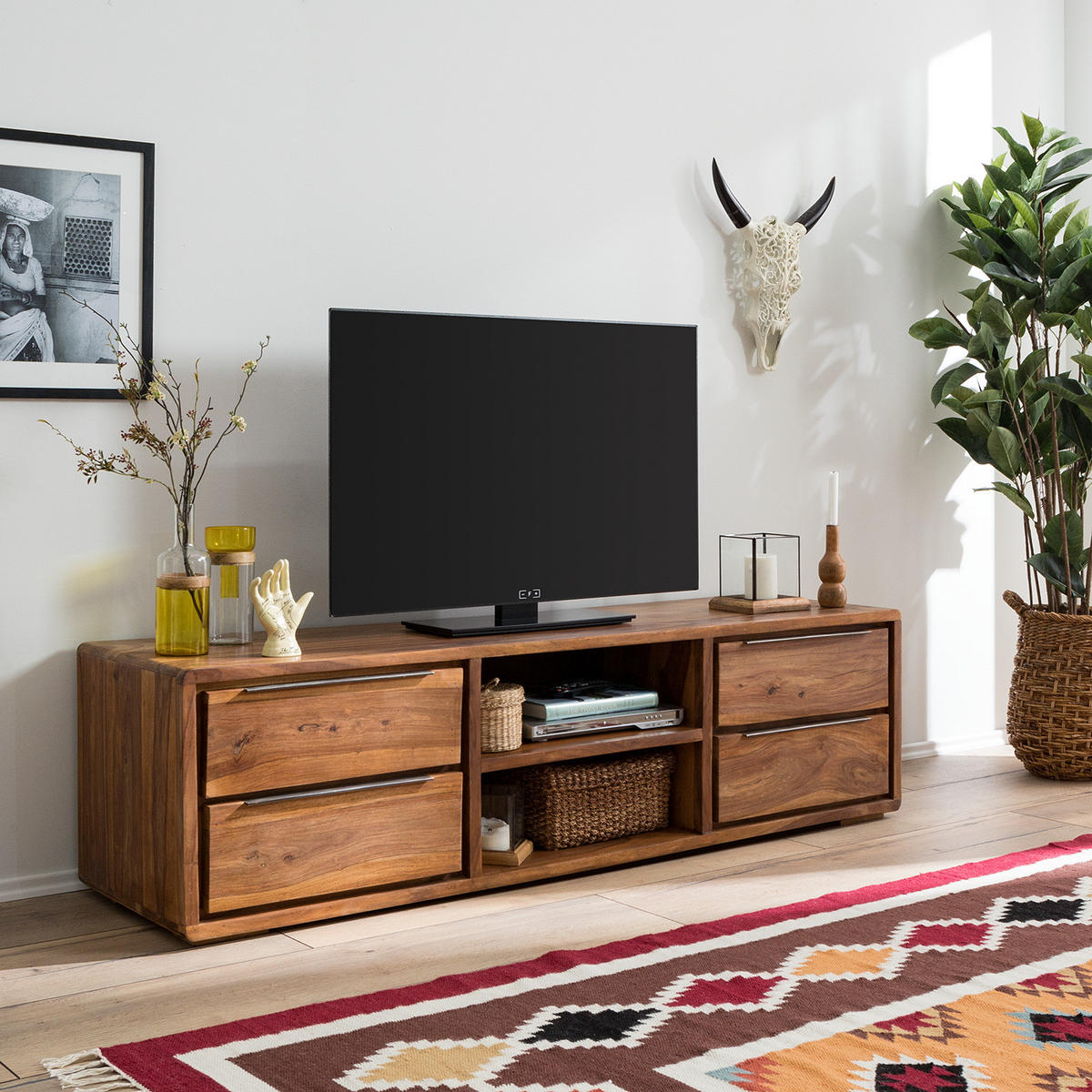 TV-LOWBOARD - Sheesham massiv - Sheeshamfarben, Holz (180/50/50cm) - home24