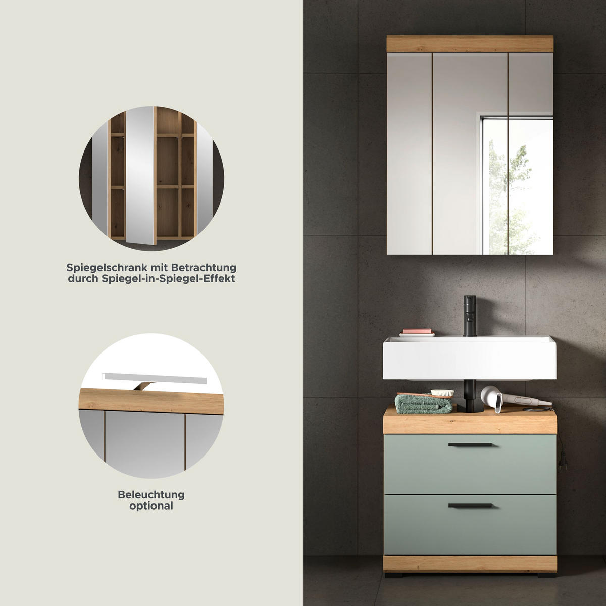 BADKOMBINATION 2tlg. Scout Bad in Artisan Eiche Nachbildung und Salbei Nachbildung B/H/T: 60x191x34 cm - Eiche Artisan, Holz (60/191/37cm)