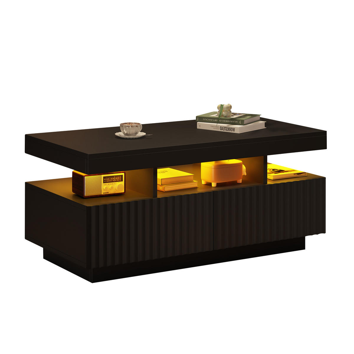 COUCHTISCH 100/50/45 cm mit 2 Schubladen, LED-Beleuchtung und offenem Fach, aus Spanplatte, Schwarz - Schwarz, Holzwerkstoff (100/50/45cm) - Redom
