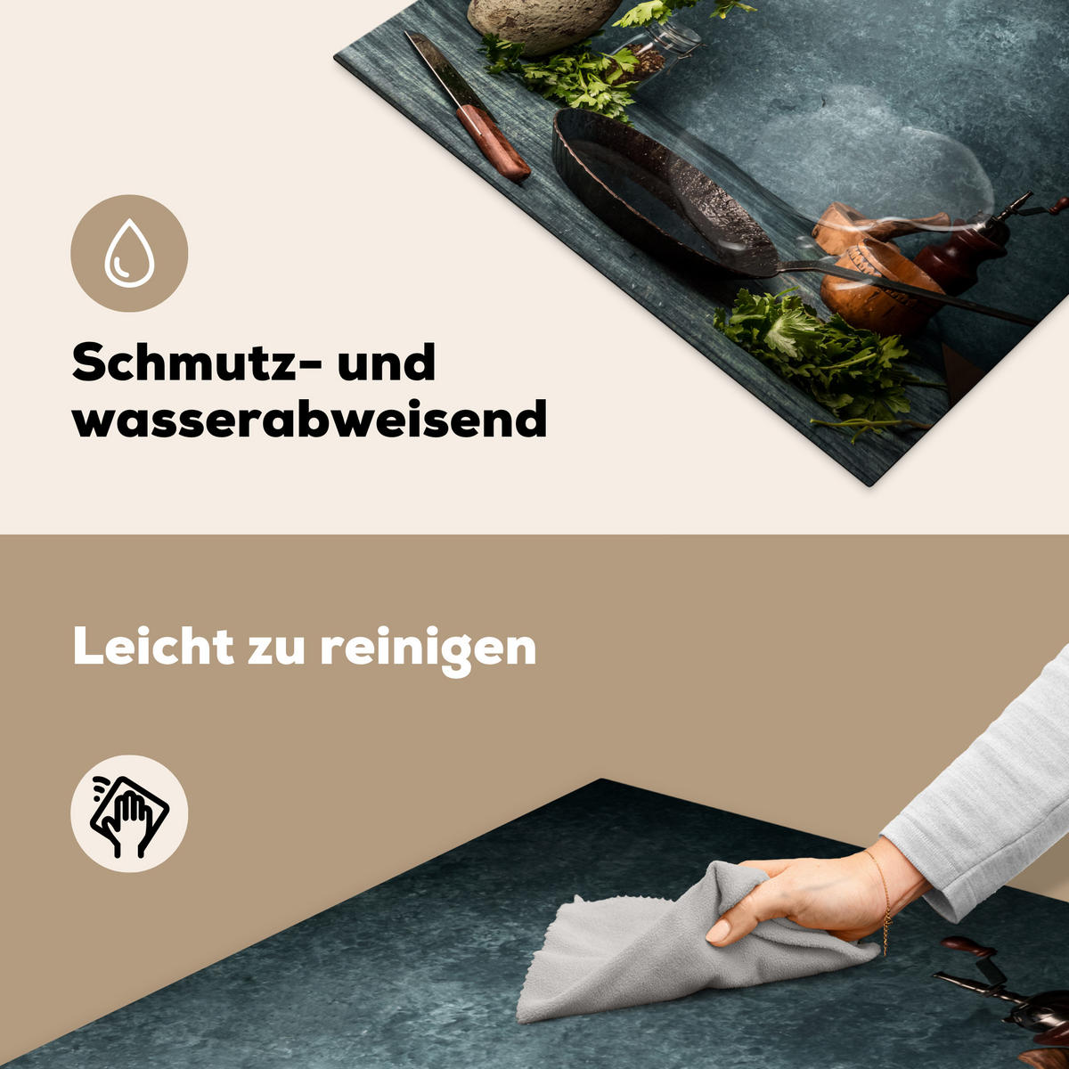 HERDABDECKPLATTE Kräuter - Gewürze - Pfanne - Messer - Grau - Rustikal Induktionsmatte 77x59 cm - Petrol, Kunststoff (77/59/0.2cm) - MuchoWow