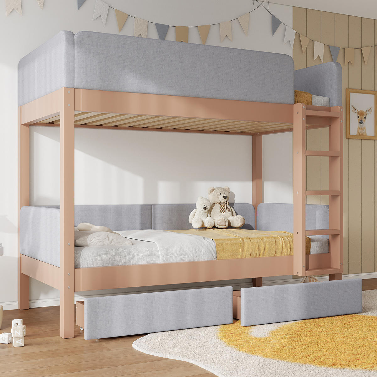 ETAGENBETT 90/200 cm in Grau/Natur mit 2 Schubladen und gerader Treppe - Grau, Holz (90/200cm) - OKMYHOME