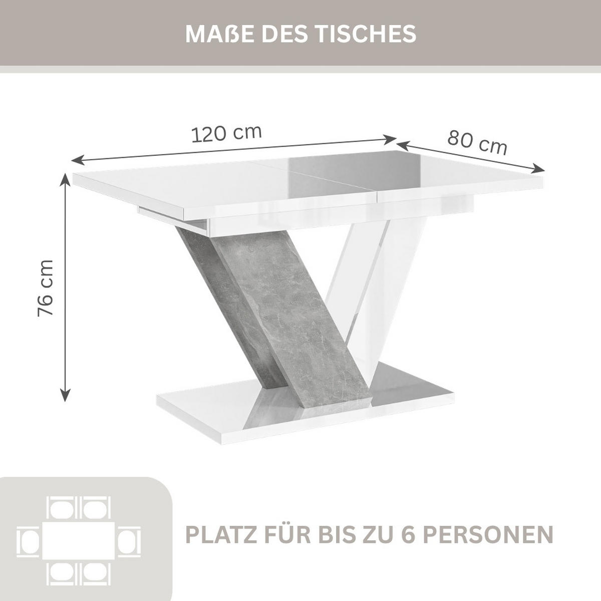 ESSTISCH Weiß Hochglanz Ausziehbar 120 - 160 cm - Weiß Hochglanz/Grau, Holzwerkstoff (120/80/76cm) - PROSPERO