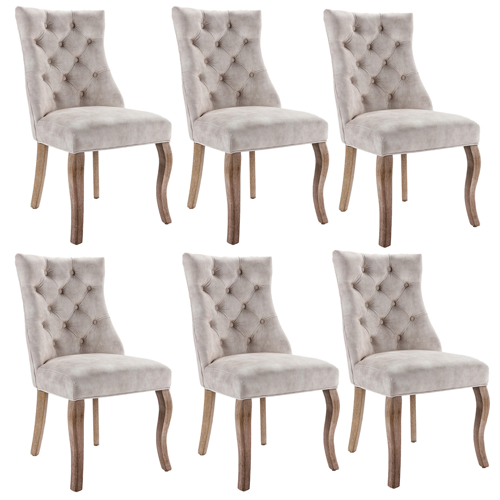 STUHL-SET DE-36945 6 Stück mit hoher Rückenlehne und Knopfsteppung Hellbeige - Creme, Holz (51/97/47cm) - ComfortXL