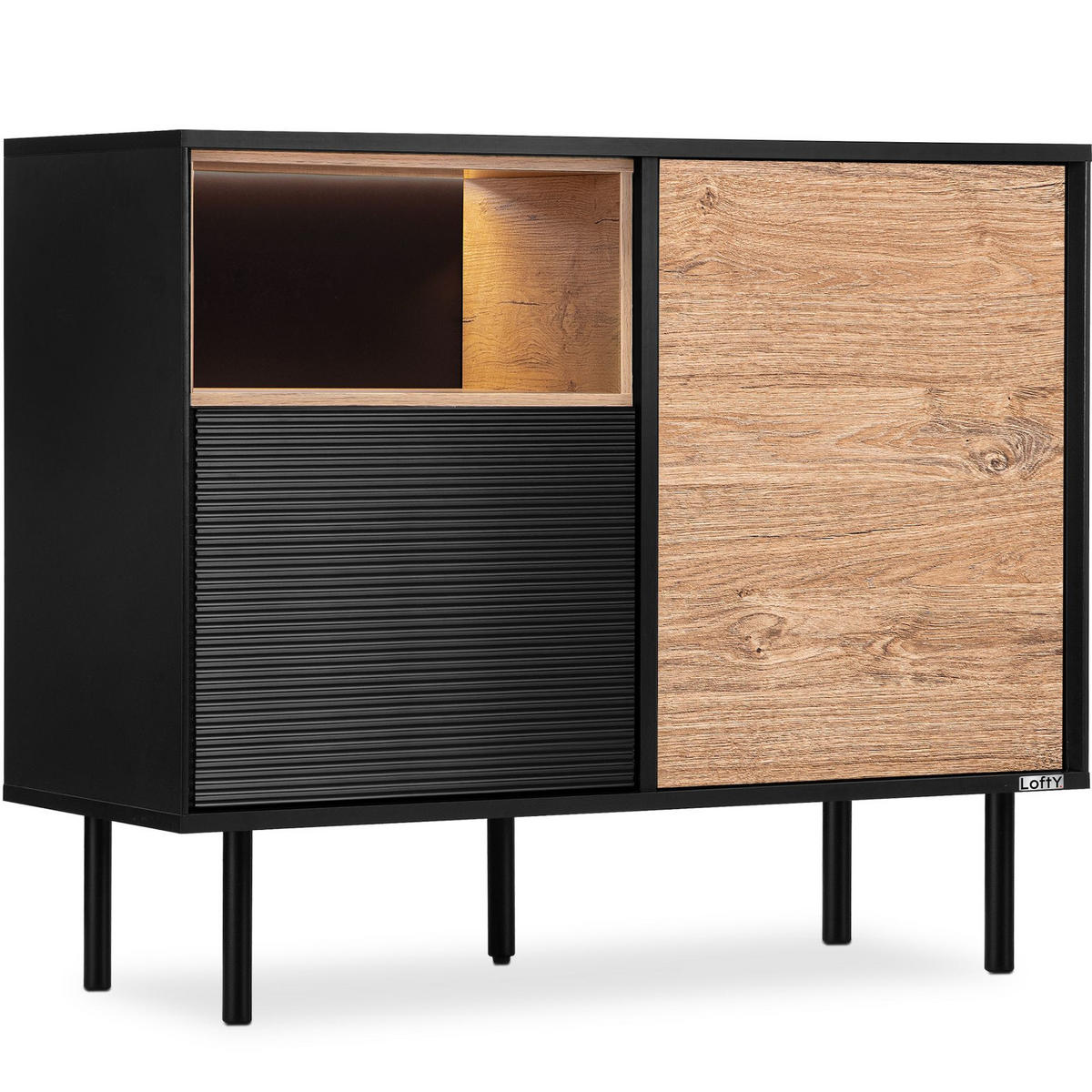 KOMMODE LOFTY Außenseiteneinlage, schwarz / Eiche natur - Eichefarben/Multicolor, Holzwerkstoff (102/83/41cm) - KONSIMO®