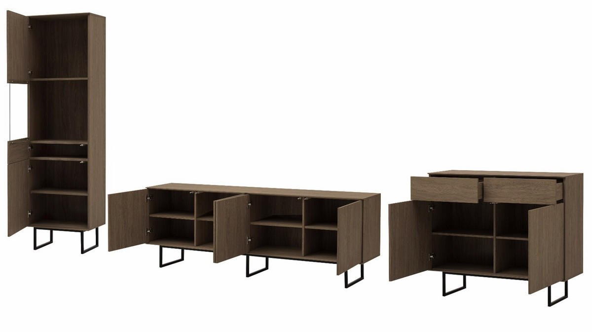 WOHNWAND in Nussbaum 3-teilig 400 cm, Komplett-Set mit Push-to-Open - Nussbaumfarben/Schwarz, Glas/Holzwerkstoff (400/200/40cm) - Furn.Design