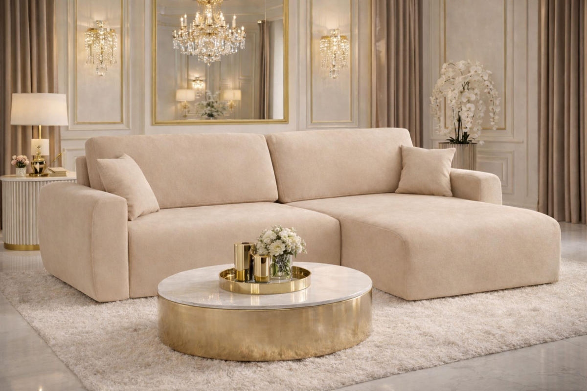 ECKSOFA Mit Schlaffunktion Ariel L, Velours, Stoff Salvador, Beige, Rechts - Beige, Holz (250/142cm) - Kaiser Möbel