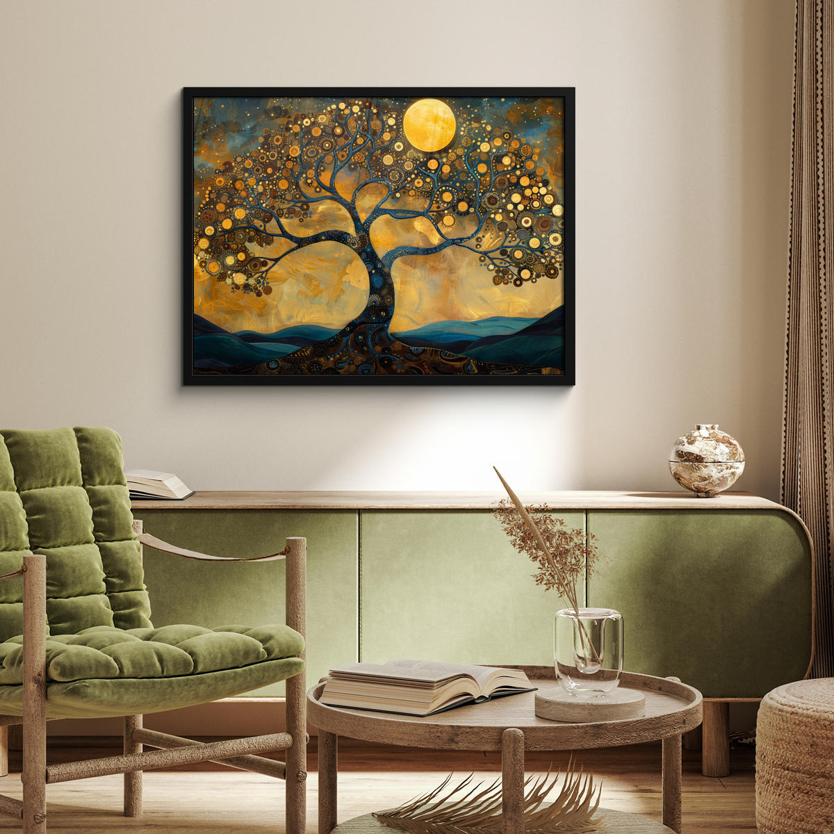 POSTER MIT RAHMENGERAHMTES BILD Baum - Mond - Blumen - Gold - Kunst 80x60 cm - Orange, Papier (80/60cm) - MuchoWow
