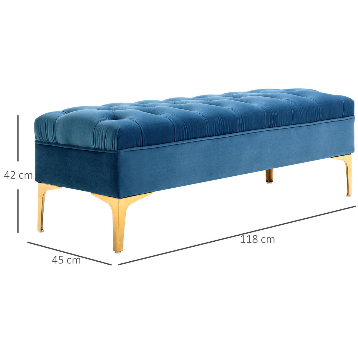 SITZBANK Bettbank Schuhbank mit erhöhten Beine Schlafzimmer Samt Blau - Blau, Kunststoff (45/42/118cm) - HOMCOM